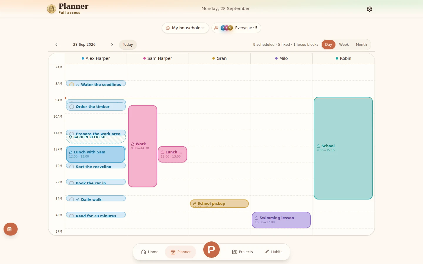 A day in Planner, with work, school pickups and flexible tasks arranged for the Harper household
