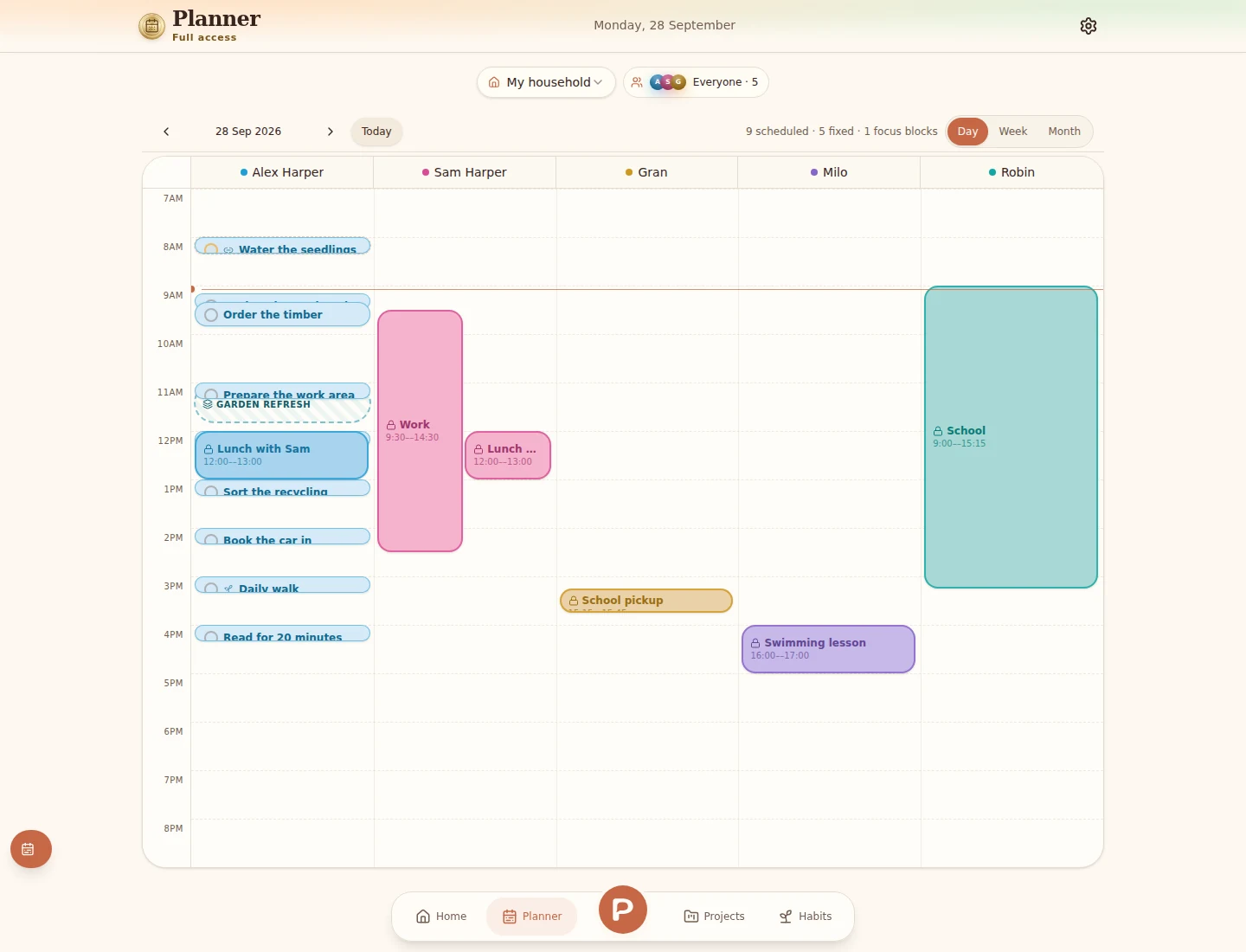Planner calendar showing a fictional household's appointments and scheduled tasks.