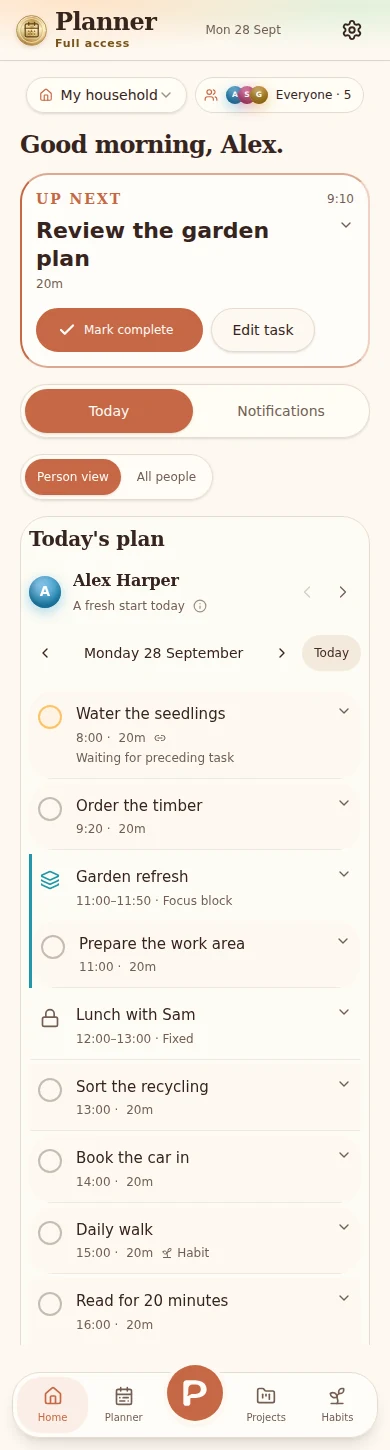 Planner's mobile Today view, with the day's plan and each person's next task.