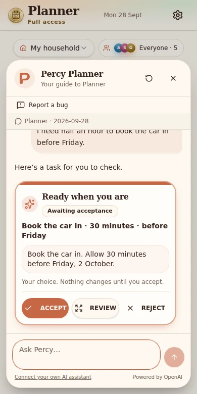 Percy inside Planner on a phone, proposing a 30-minute task to review before accepting