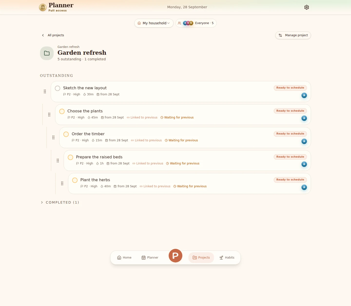 The Garden refresh project in Planner, with its work broken into tasks.