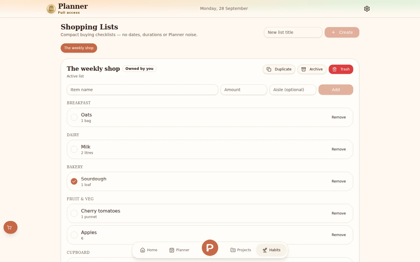 The weekly shopping list in Planner on a laptop, with items, quantities and list controls